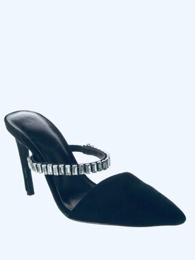 LPA Black Suede Heels w Chunky Crystal Embellished Strap Classy Mules Shoes